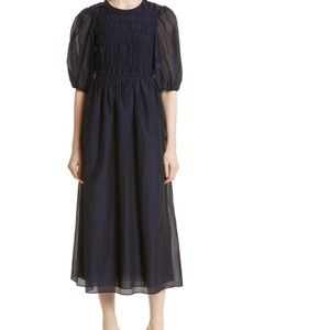 Rebecca Taylor Smocked Bodice Navy Blue summer midi dress cotton and silk
